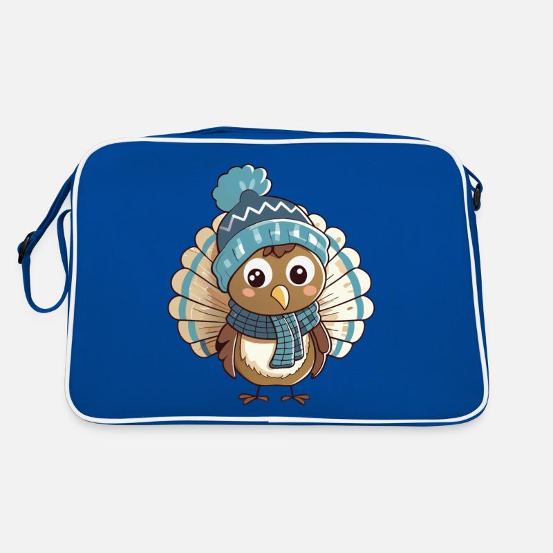 Dinde mignonne avec écharpe et chapeau à pompon. Sac Retro