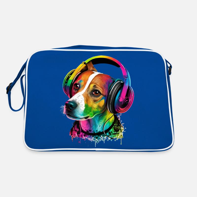 Jack Russell Terrier mit Kopfhörer Musik Fan Hunde - Retro Tasche - Blau/Weiß
