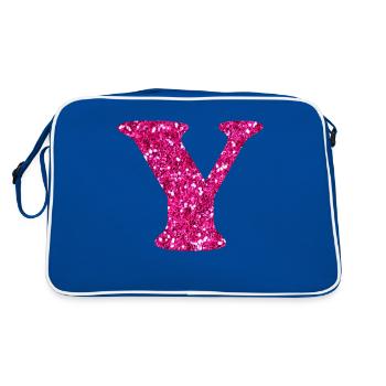 Buchstabe y rosa Glitzer - Retro Tasche - Blau/Weiß - Hinten