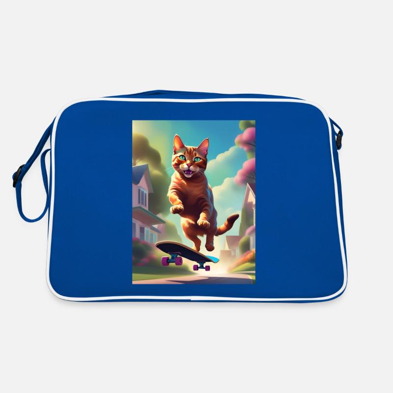 Katze Skateboaring - Retro Tasche - Blau/Weiß