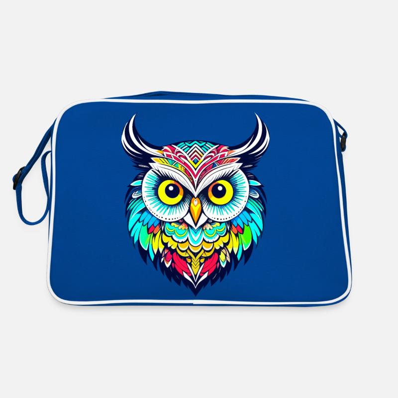 Farbenfroher Kopf eines niedlichen Eulen-Tattoos Retro Tasche
