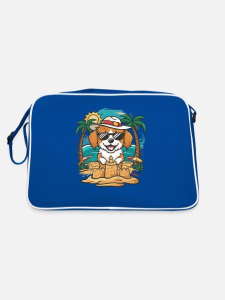 Niedlicher Lhasa Apso Cartoon im Urlaubsmotiv - Retro Tasche - Blau/Weiß - Hinten