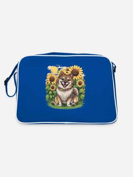 Niedlicher Wolfsspitz mit Sonnenblumen. - Retro Tasche - Blau/Weiß - Hinten