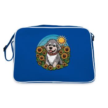 Süßer Neufundländer mit sonnigen Sonnenblumen. - Retro Tasche - Blau/Weiß - Hinten