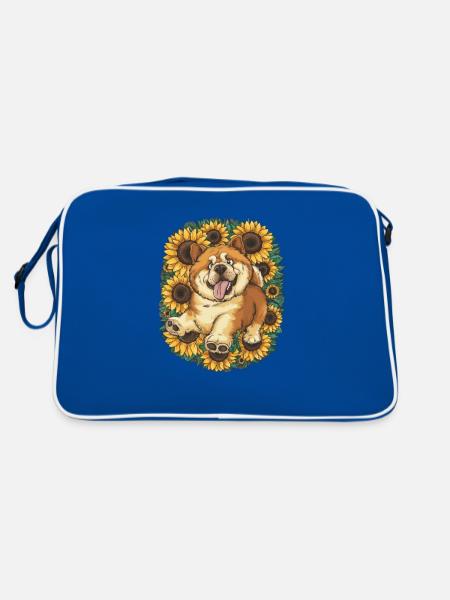 Cartoon Chow Chow with Summer Sunflowers - Retro Bag - blue/white - Back