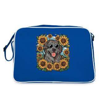 Süßer Neufundländer mit sonnigen Sonnenblumen. - Retro Tasche - Blau/Weiß - Hinten