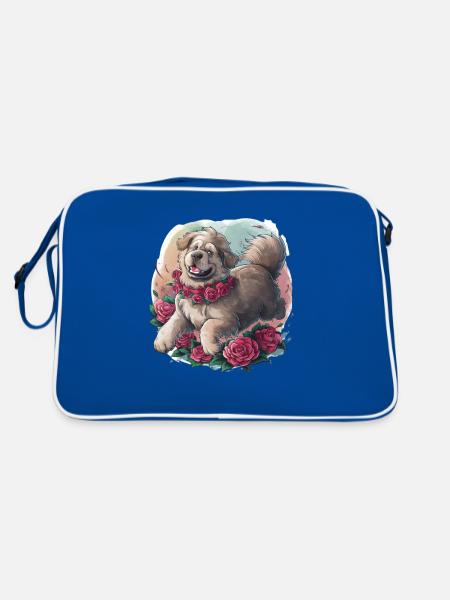 Süßer Cartoon Neufundländer Hund mit Rosen - Retro Tasche - Blau/Weiß - Hinten