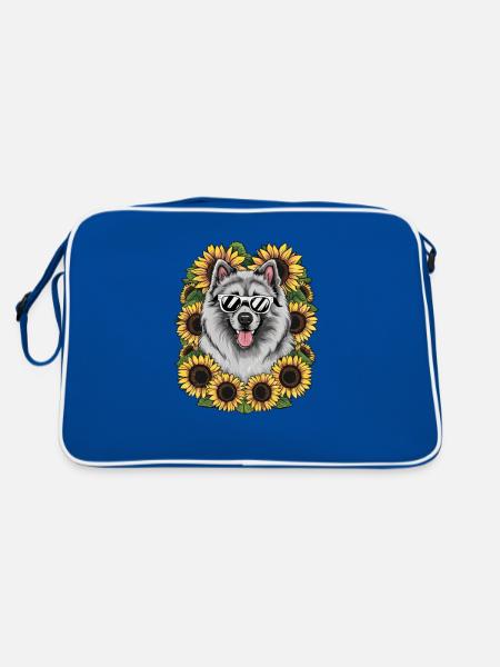 Niedlicher Wolfsspitz mit Sonnenblumen. - Retro Tasche - Blau/Weiß - Hinten
