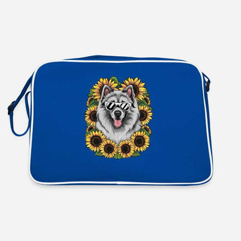 Niedlicher Wolfsspitz mit Sonnenblumen. Retro Tasche