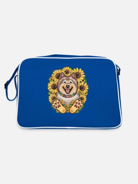 Niedlicher Wolfsspitz mit Sonnenblumen. - Retro Tasche - Blau/Weiß - Hinten