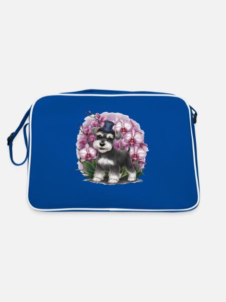 Cartoon Zwergschnauzer mit wundervollen Orchideen - Retro Tasche - Blau/Weiß - Hinten