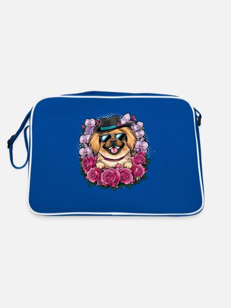 Cartoon Pekinese mit Orchideen und Rosen - Retro Tasche - Blau/Weiß - Hinten