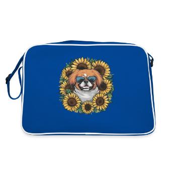 Sommerliches Sonnenblumenmotiv mit süßem Pekinese. - Retro Tasche - Blau/Weiß - Hinten
