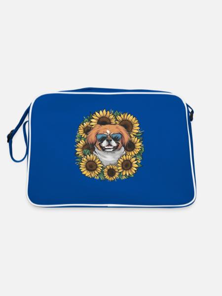Sommerliches Sonnenblumenmotiv mit süßem Pekinese. - Retro Tasche - Blau/Weiß - Hinten
