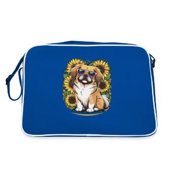 Sommerliches Sonnenblumenmotiv mit süßem Pekinese. - Retro Tasche - Blau/Weiß - Hinten