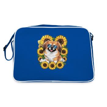 Sommerliches Sonnenblumenmotiv mit süßem Pekinese. - Retro Tasche - Blau/Weiß - Hinten