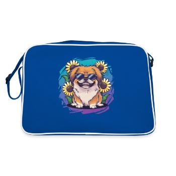 Sommerliches Sonnenblumenmotiv mit süßem Pekinese. - Retro Tasche - Blau/Weiß - Hinten