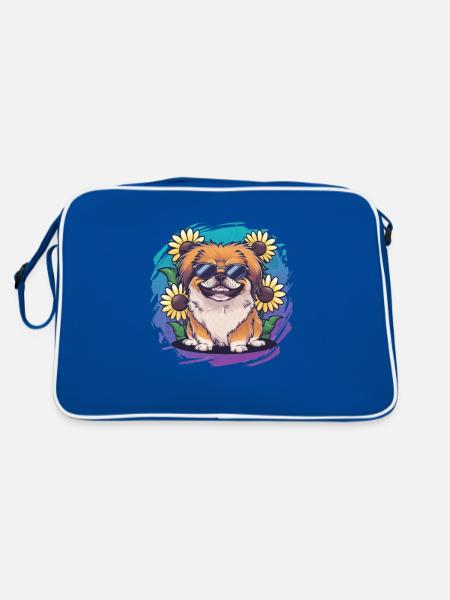 Sommerliches Sonnenblumenmotiv mit süßem Pekinese. - Retro Tasche - Blau/Weiß - Hinten
