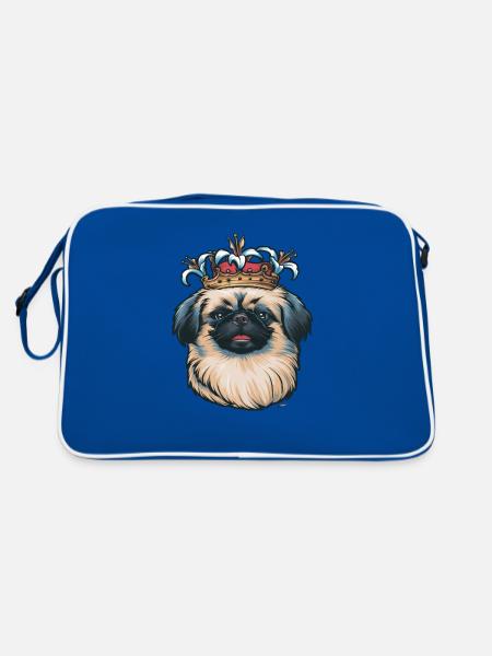 Niedlicher Pekinese mit Krone und Lillien - Retro Tasche - Blau/Weiß - Hinten