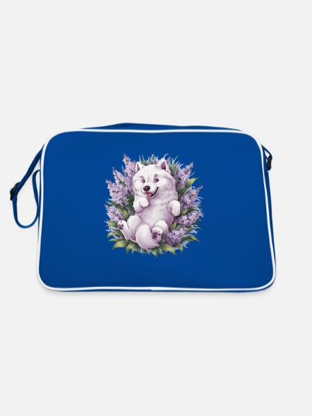 Spitz Samoyède doux avec un beau lilas - Sac Retro - bleu/blanc - Dos