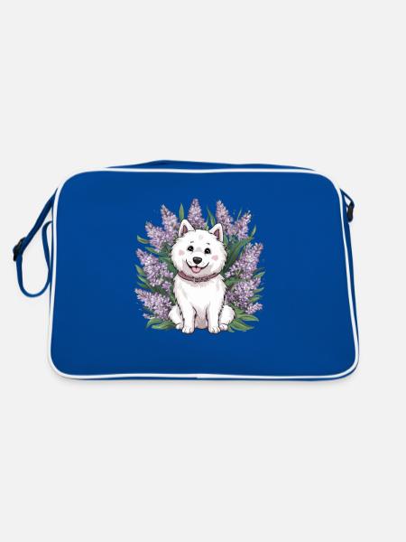 Spitz Samoyède doux avec un beau lilas - Sac Retro - bleu/blanc - Dos