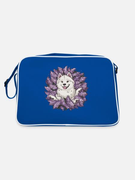 Spitz Samoyède doux avec un beau lilas - Sac Retro - bleu/blanc - Dos