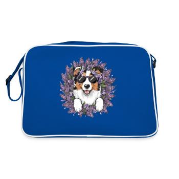 Australischer Schäferhund Motiv mit Flieder - Retro Tasche - Blau/Weiß - Hinten