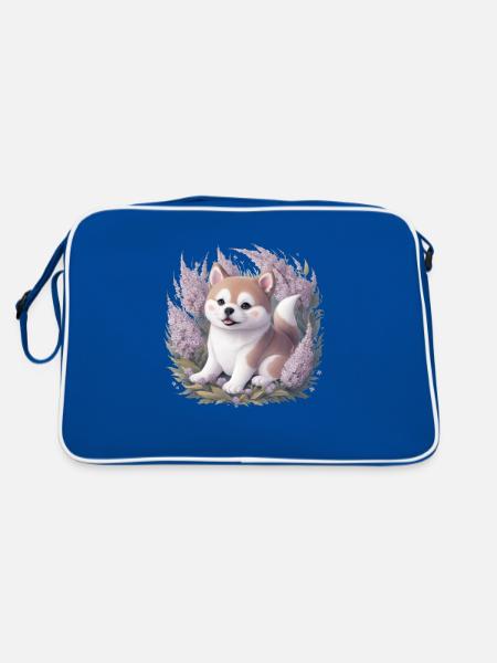 Akita Inu mit Flieder im Cartoonstil - Retro Tasche - Blau/Weiß - Hinten