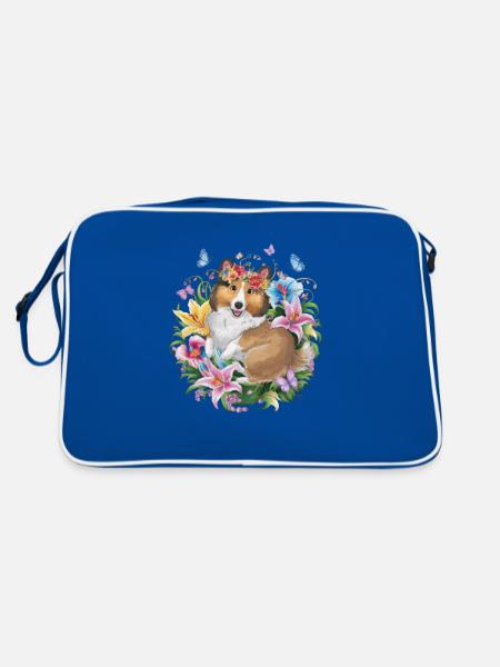 Sheltie with orchids, lilies and butterflies - Retro Bag - blue/white - Back