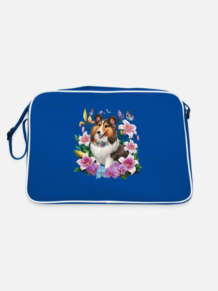 Sheltie with orchids, lilies and butterflies - Retro Bag - blue/white - Back