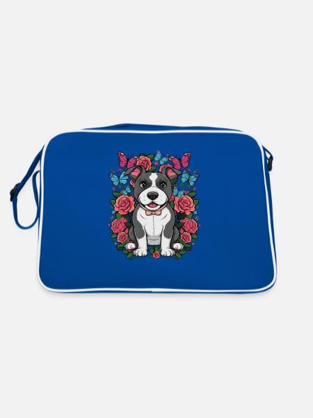 Dessin animé mignon Staffordshire bull terrier avec des roses - Sac Retro - bleu/blanc - Dos