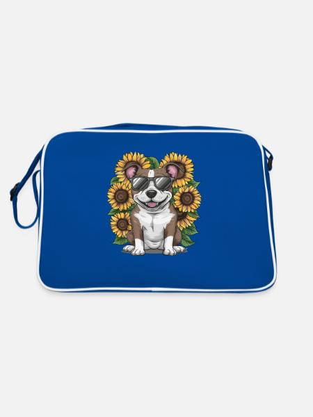 Staffordshire Bull Terrier mit Sonnenblumen - Retro Tasche - Blau/Weiß - Hinten