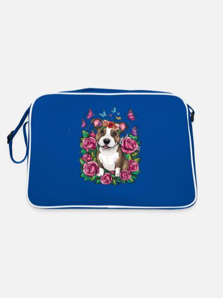 Dessin animé mignon Staffordshire bull terrier avec des roses - Sac Retro - bleu/blanc - Dos