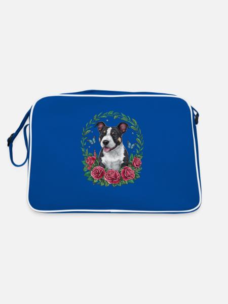 Dessin animé mignon Staffordshire bull terrier avec des roses - Sac Retro - bleu/blanc - Dos