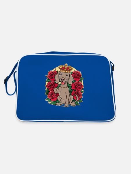 Weimaraner mit Krone und hübschen Rosen - Retro Tasche - Blau/Weiß - Hinten