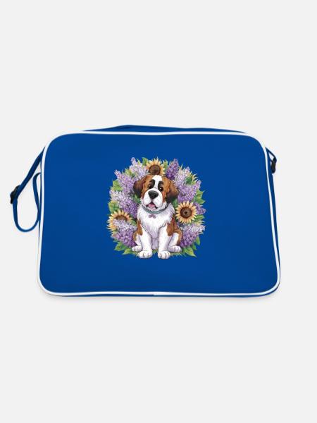 Bernhardiner mit Sonnenblumen - Retro Tasche - Blau/Weiß - Hinten