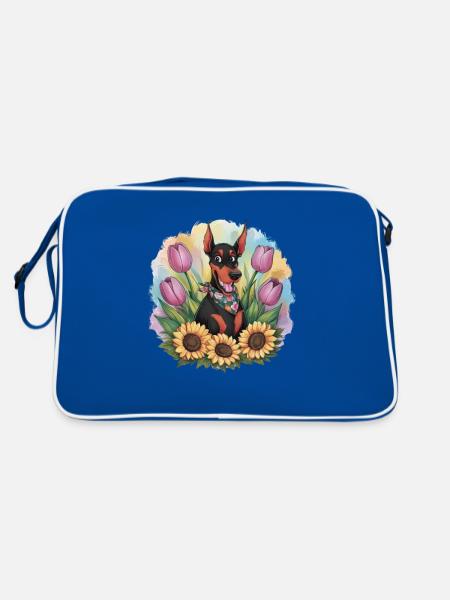 Doberman Pinscher with Sunflowers and Tulips - Retro Bag - blue/white - Back