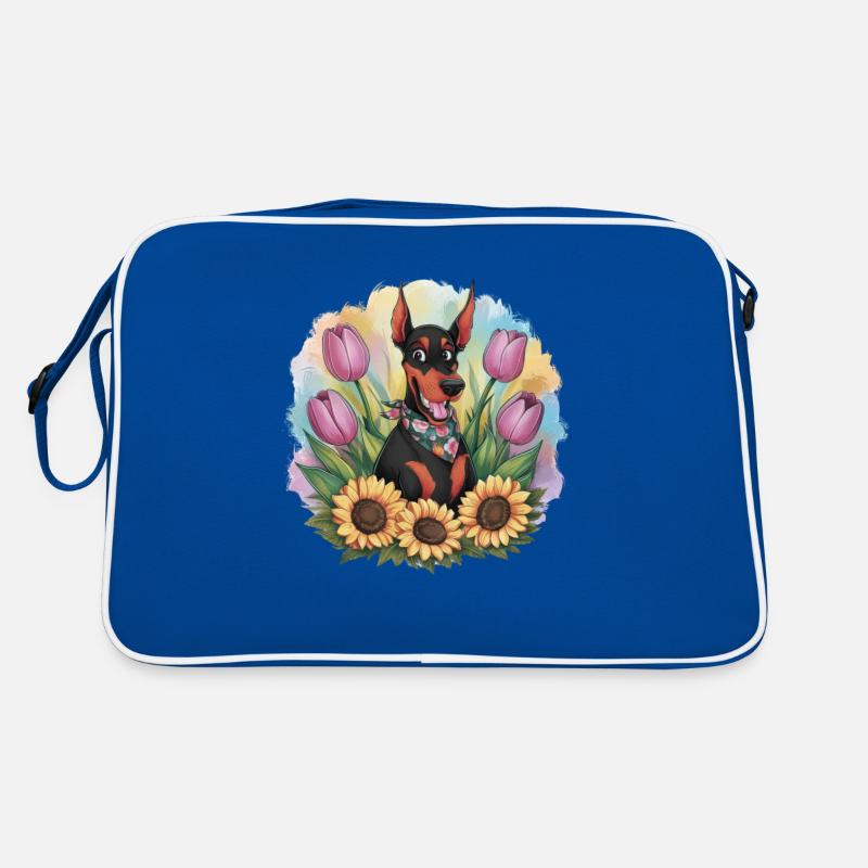 Doberman Pinscher mit Sonnenblumen und Tulpen Retro Tasche