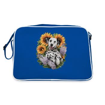 Süßer Dalmatiner mit Sonnenblumen und Flieder - Retro Tasche - Blau/Weiß - Hinten