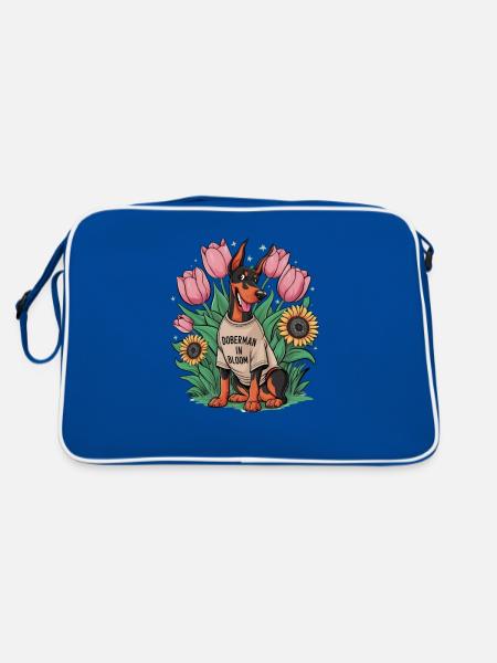 Doberman Pinscher with Sunflowers and Tulips - Retro Bag - blue/white - Back
