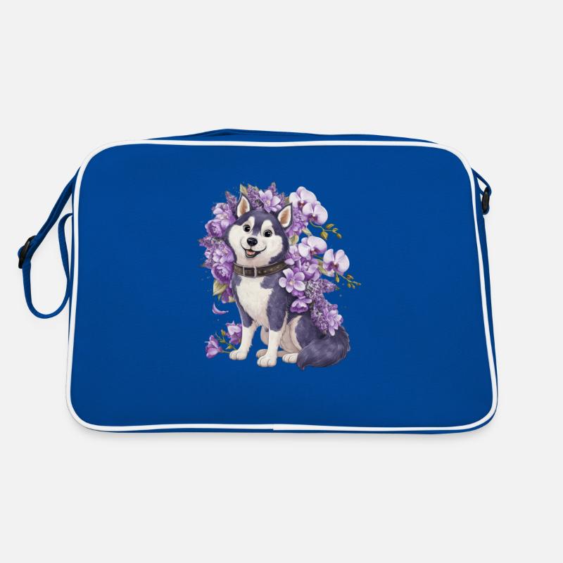 Mignon husky de dessin animé avec de jolies orchidées Sac Retro