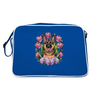 Cartoon German Shepherd with Orchids - Retro Bag - blue/white - Back