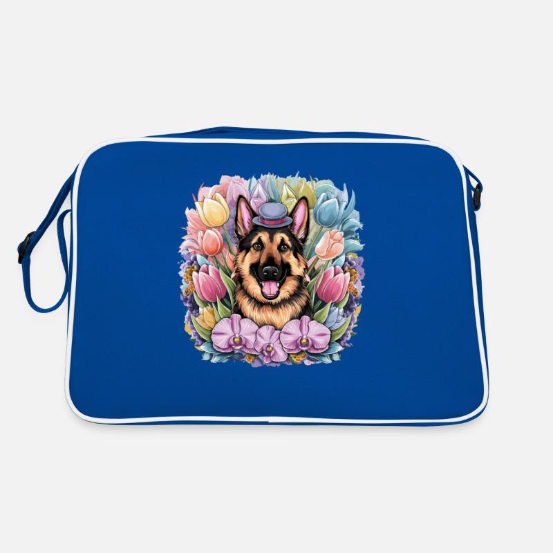 Dessin animé berger allemand avec des orchidées Sac Retro