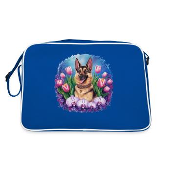 Cartoon German Shepherd with Orchids - Retro Bag - blue/white - Back