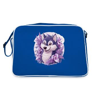 Dessin animé Husky avec des tulipes, lilas pour les fans de husky - Sac Retro - bleu/blanc - Dos