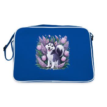 Dessin animé Husky avec des tulipes, lilas pour les fans de husky - Sac Retro - bleu/blanc - Dos