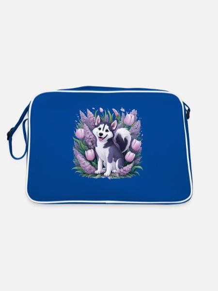 Dessin animé Husky avec des tulipes, lilas pour les fans de husky - Sac Retro - bleu/blanc - Dos