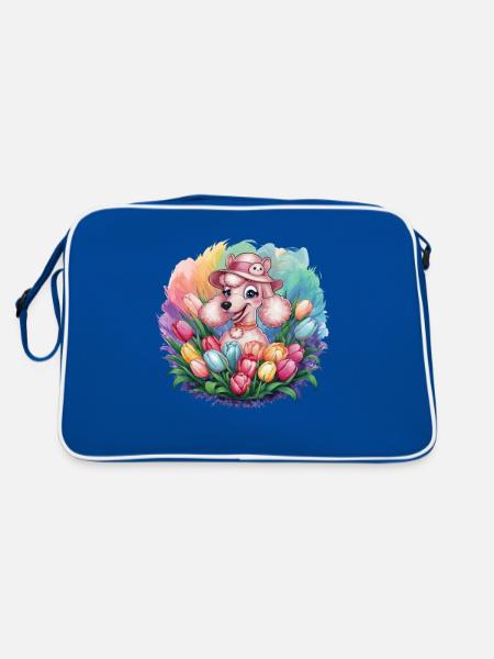 Süßer Cartoon Pudel mit farbenfrohen Tulpen - Retro Tasche - Blau/Weiß - Hinten
