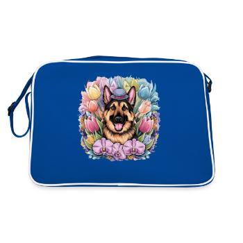 Cartoon German Shepherd with Orchids - Retro Bag - blue/white - Back