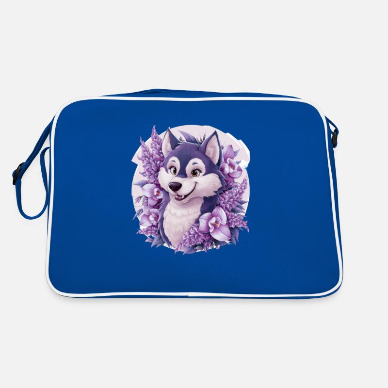 Cute cartoon husky with pretty orchids Retro Bag